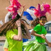 Children dancing in a Purim parade yesterday